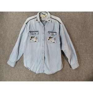 VINTAGE Studz Connection Shirt Womens Large Denim Embroidered Button Round Hem L
